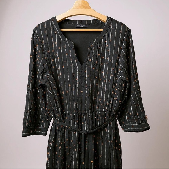 Lane Bryant Black with Silver Stripe and Brown Polka Dot Dress 3/4 Sleeves - Picture 3 of 8